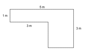 Figuren kan settes sammen av to rektangel. Det ene rektangelet er vannrett har lengde 5 m og bredde 1 m. Det andre er loddrett, har lengde 3 m, og det overlapper delvis med det første, på høyre side. Lengden til den delen av det første rektanglet som ikke overlapper med det andre er 3 m.